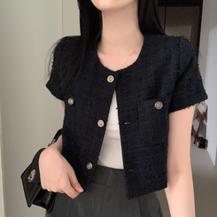 ジャケット ツイードクロップ半袖ジャケット NAVY