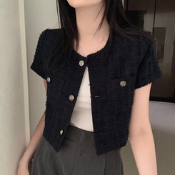 ジャケット ツイードクロップ半袖ジャケット NAVY