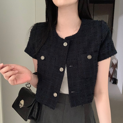 ジャケット ツイードクロップ半袖ジャケット NAVY