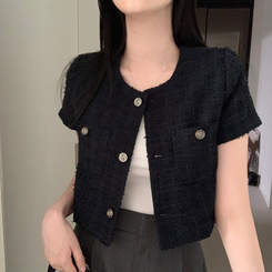 ジャケット ツイードクロップ半袖ジャケット NAVY