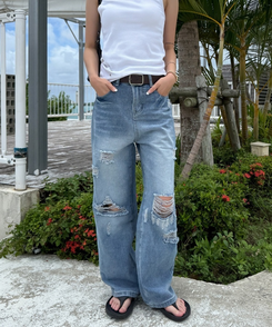 Paragraph / No.1/ダメージデニム/ボトム/34/コットン/IDG ダメージデニムストレートパンツ｜デニム｜韓国ファッション通販 SONA