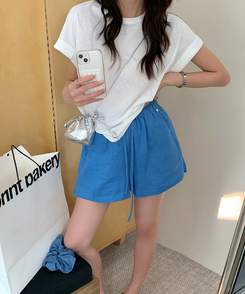 ショートパンツ リネンサマーバンディングハーフパンツ BLUE