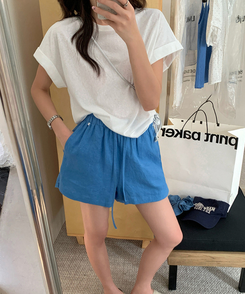 ショートパンツ リネンサマーバンディングハーフパンツ BLUE