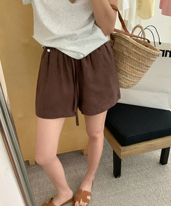 ショートパンツ リネンサマーバンディングハーフパンツ BROWN