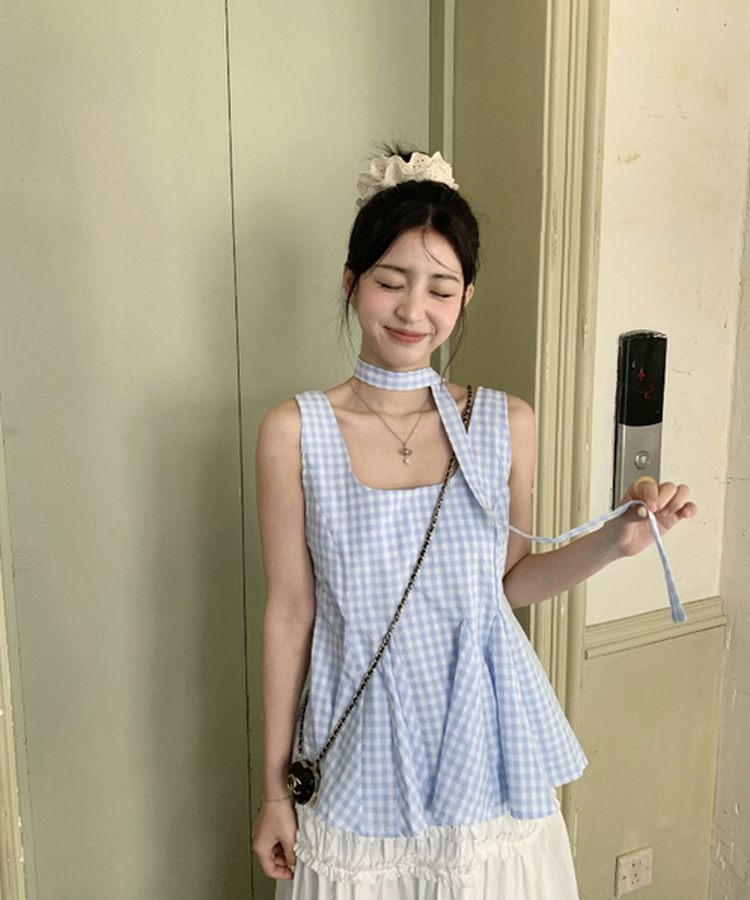 【タイ付き】チェックスクエアフリルキャミソール SKY BLUE