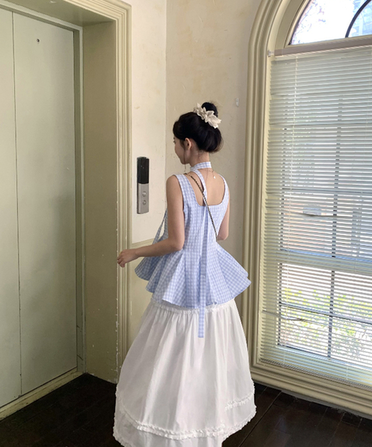 【タイ付き】チェックスクエアフリルキャミソール SKY BLUE