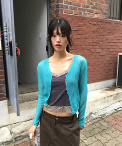 カーディガン シースルーボタンクロップカーディガン BLUE