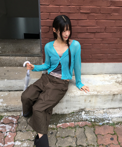 カーディガン シースルーボタンクロップカーディガン BLUE