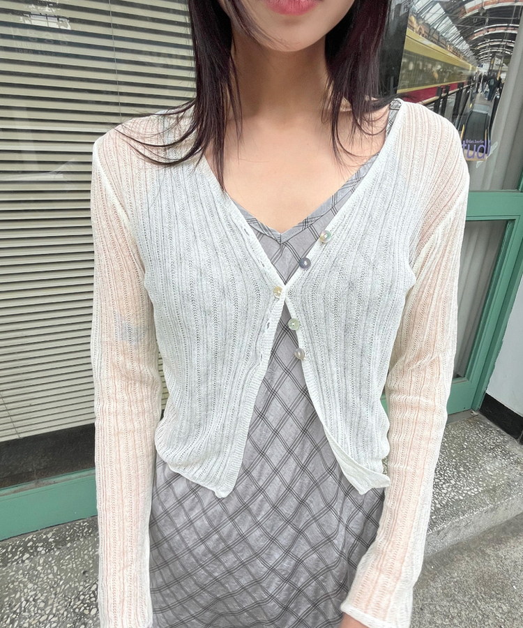 カーディガン シースルーボタンクロップカーディガン IVORY