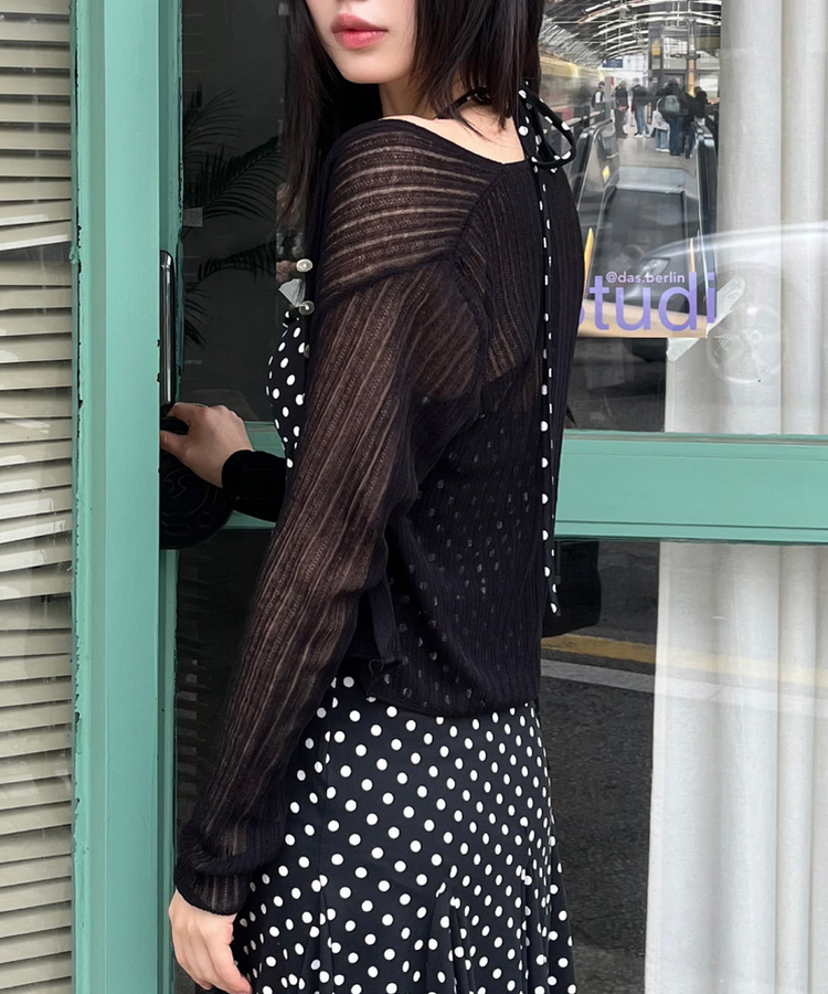 シースルーボタンクロップカーディガン BLACK