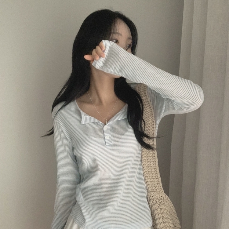 ストライプボタンシースルー長袖Tシャツ｜長袖Tシャツ｜韓国