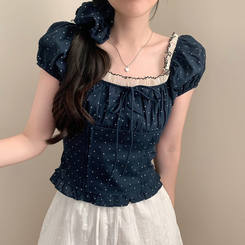 ブラウス 【シュシュ付き】ドットレース半袖ブラウス DARK BLUE
