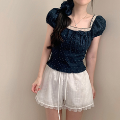 ブラウス 【シュシュ付き】ドットレース半袖ブラウス DARK BLUE