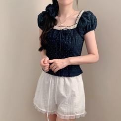 ブラウス 【シュシュ付き】ドットレース半袖ブラウス DARK BLUE