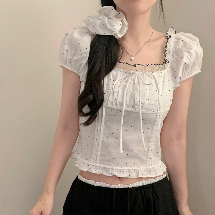 【シュシュ付き】ドットレース半袖ブラウス IVORY