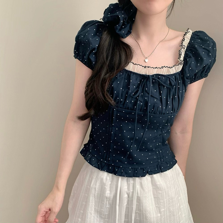 【シュシュ付き】ドットレース半袖ブラウス DARK BLUE