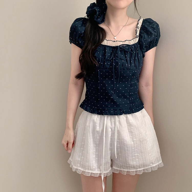 【シュシュ付き】ドットレース半袖ブラウス DARK BLUE