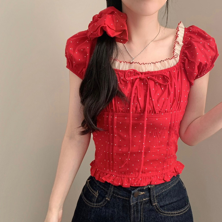 【シュシュ付き】ドットレース半袖ブラウス RED