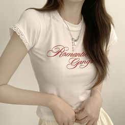 半袖Tシャツ ウエストのくびれスパークリング英文レタリング半袖Tシャツセミクロップラウンド捺染半袖Tシャツ IVORY