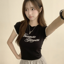 半袖Tシャツ ウエストのくびれスパークリング英文レタリング半袖Tシャツセミクロップラウンド捺染半袖Tシャツ BLACK