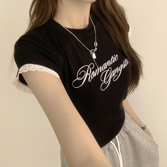 半袖Tシャツ ウエストのくびれスパークリング英文レタリング半袖Tシャツセミクロップラウンド捺染半袖Tシャツ BLACK