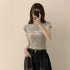 半袖Tシャツ ウエストのくびれスパークリング英文レタリング半袖Tシャツセミクロップラウンド捺染半袖Tシャツ GREY