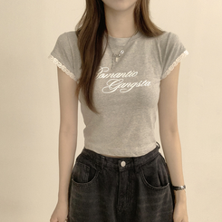 半袖Tシャツ ウエストのくびれスパークリング英文レタリング半袖Tシャツセミクロップラウンド捺染半袖Tシャツ GREY
