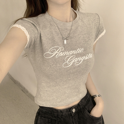 半袖Tシャツ ウエストのくびれスパークリング英文レタリング半袖Tシャツセミクロップラウンド捺染半袖Tシャツ GREY