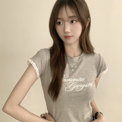 半袖Tシャツ ウエストのくびれスパークリング英文レタリング半袖Tシャツセミクロップラウンド捺染半袖Tシャツ GREY
