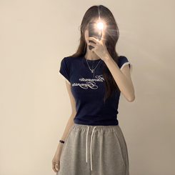 半袖Tシャツ ウエストのくびれスパークリング英文レタリング半袖Tシャツセミクロップラウンド捺染半袖Tシャツ NAVY