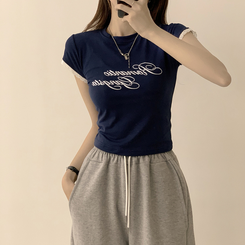 半袖Tシャツ ウエストのくびれスパークリング英文レタリング半袖Tシャツセミクロップラウンド捺染半袖Tシャツ NAVY