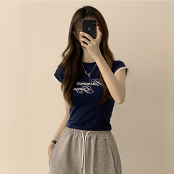 半袖Tシャツ ウエストのくびれスパークリング英文レタリング半袖Tシャツセミクロップラウンド捺染半袖Tシャツ NAVY