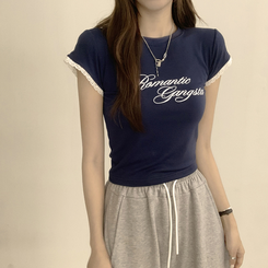 半袖Tシャツ ウエストのくびれスパークリング英文レタリング半袖Tシャツセミクロップラウンド捺染半袖Tシャツ NAVY
