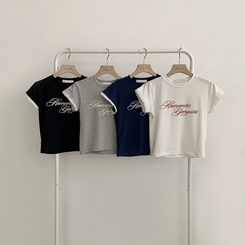 半袖Tシャツ ウエストのくびれスパークリング英文レタリング半袖Tシャツセミクロップラウンド捺染半袖Tシャツ