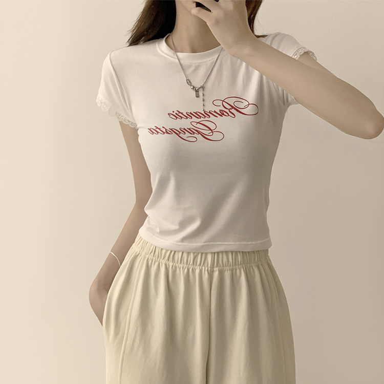 ウエストのくびれスパークリング英文レタリング半袖Tシャツセミクロップラウンド捺染半袖Tシャツ IVORY