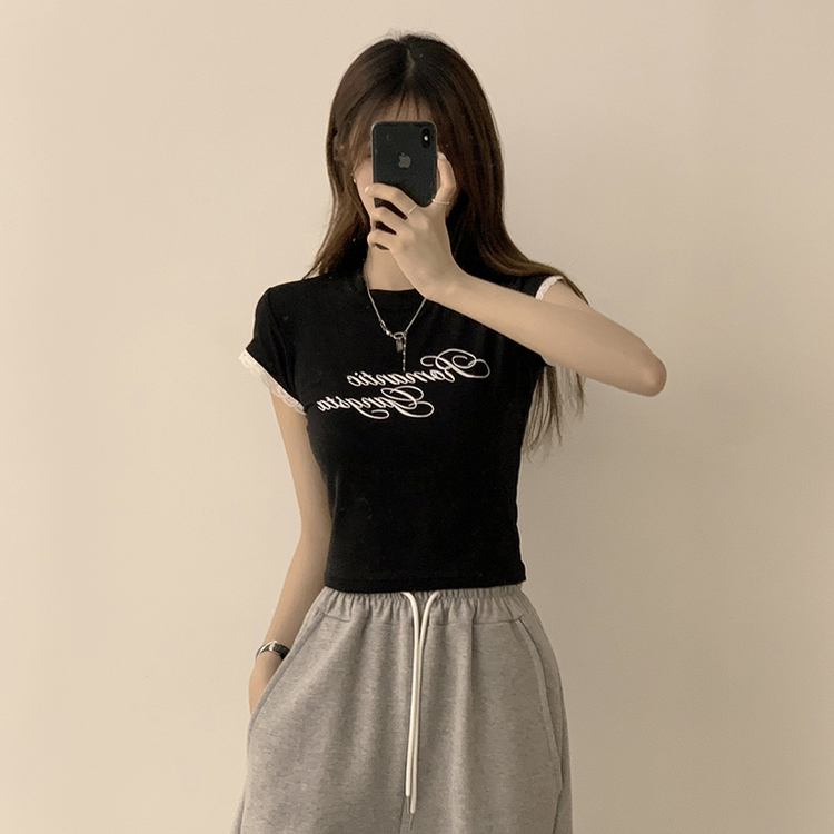 ウエストのくびれスパークリング英文レタリング半袖Tシャツセミクロップラウンド捺染半袖Tシャツ BLACK