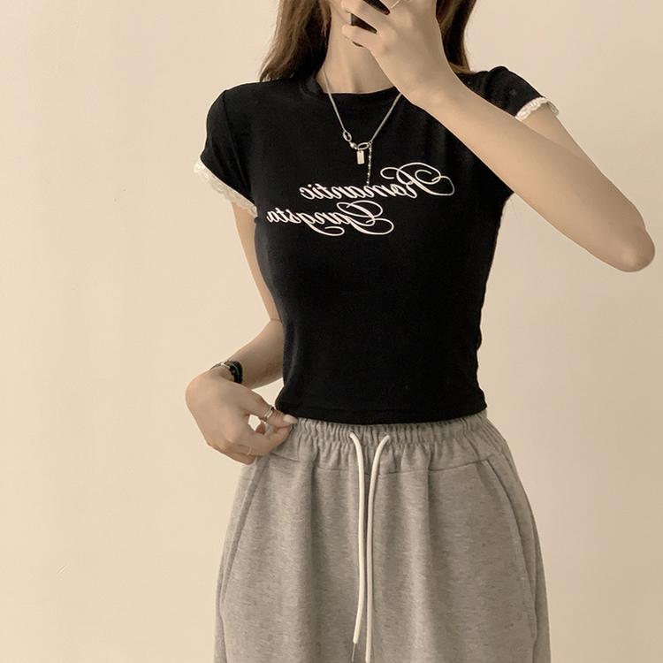ウエストのくびれスパークリング英文レタリング半袖Tシャツセミクロップラウンド捺染半袖Tシャツ BLACK