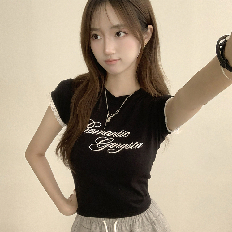 ウエストのくびれスパークリング英文レタリング半袖Tシャツセミクロップラウンド捺染半袖Tシャツ BLACK