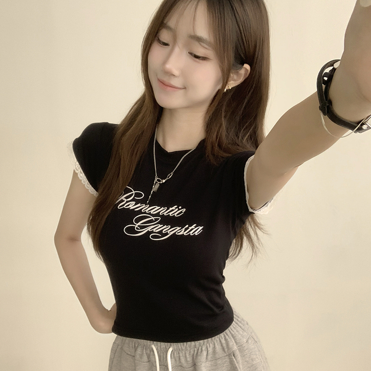 ウエストのくびれスパークリング英文レタリング半袖Tシャツセミクロップラウンド捺染半袖Tシャツ BLACK