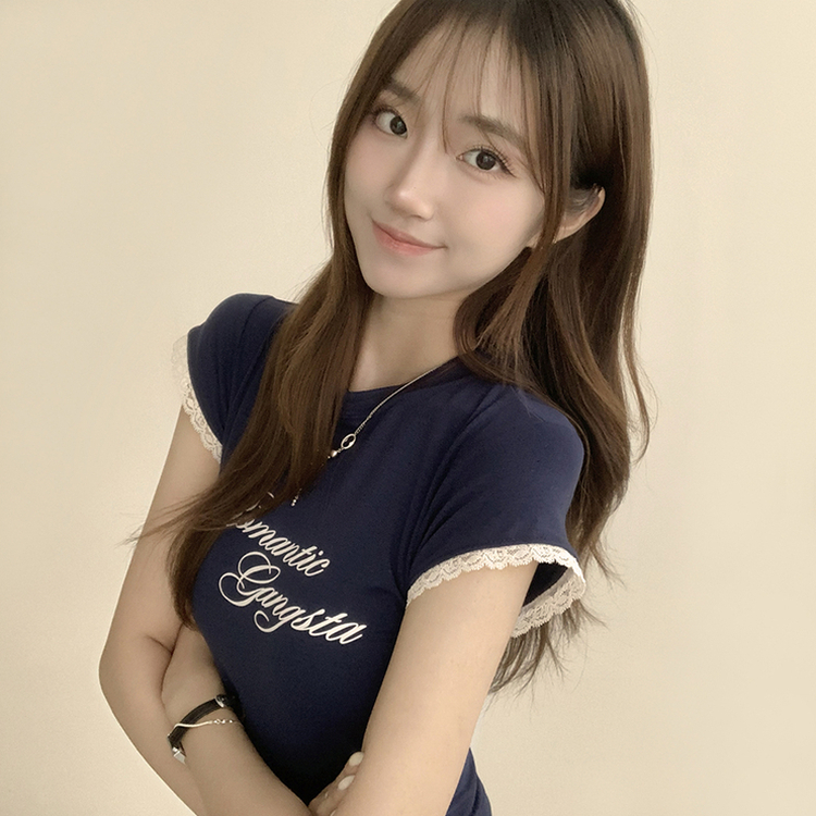 ウエストのくびれスパークリング英文レタリング半袖Tシャツセミクロップラウンド捺染半袖Tシャツ NAVY