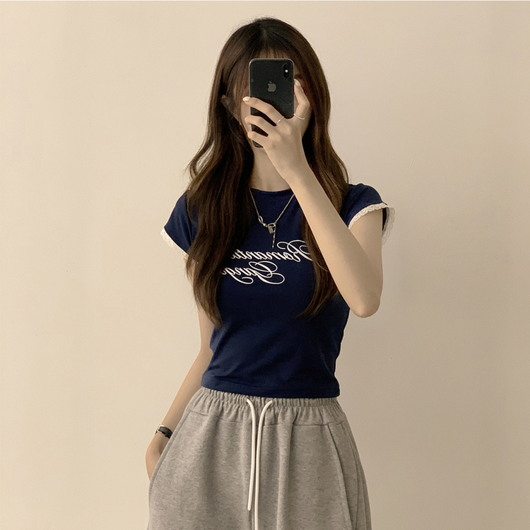 ウエストのくびれスパークリング英文レタリング半袖Tシャツセミクロップラウンド捺染半袖Tシャツ NAVY