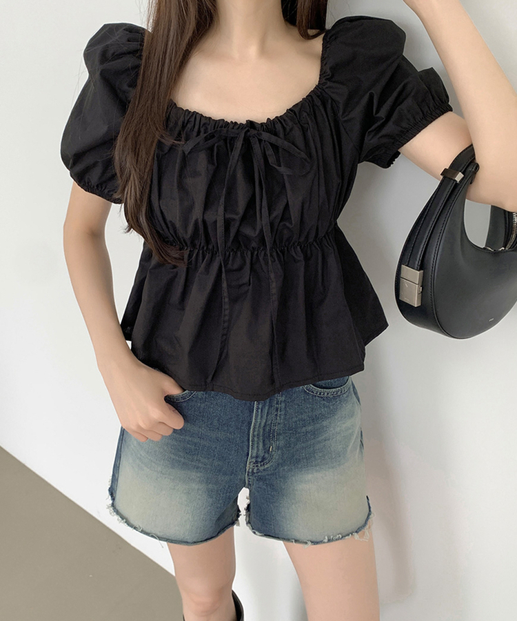 リボンバルーンフレアブラウス(5color) BLACK