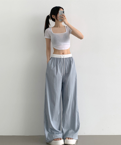 ワイド バイカラーディテールワイドバンディングパンツ SKY BLUE