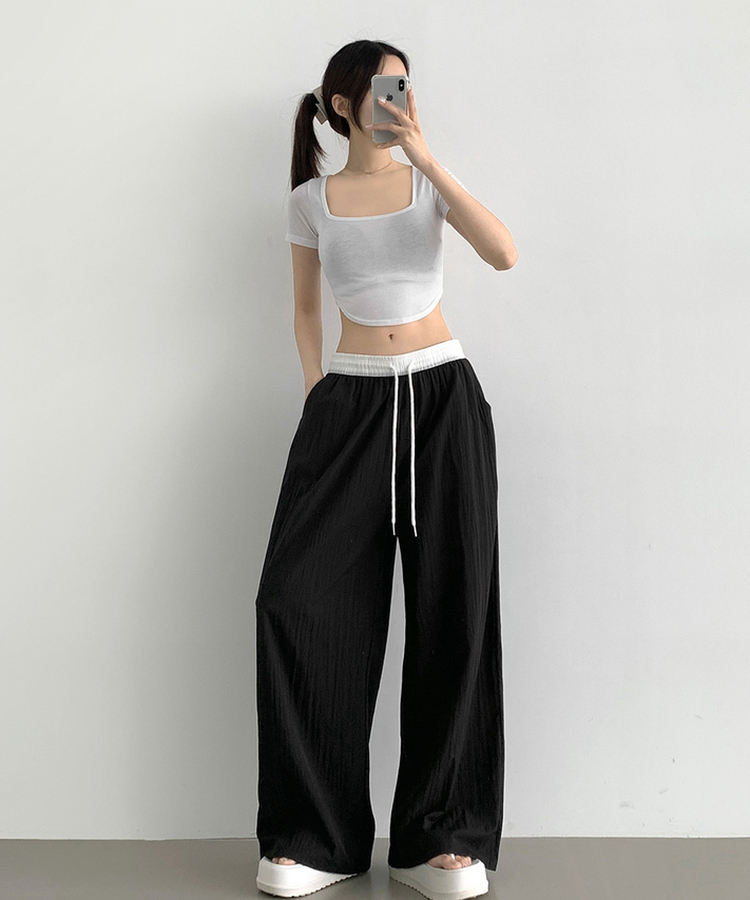 バイカラーディテールワイドバンディングパンツ BLACK