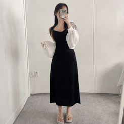 ロングワンピース ロングノースリーブフレアワンピース BLACK