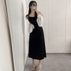ロングワンピース ロングノースリーブフレアワンピース BLACK