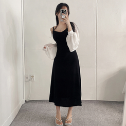 ロングワンピース ロングノースリーブフレアワンピース BLACK