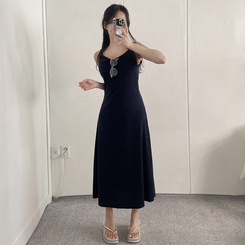 ロングワンピース ロングノースリーブフレアワンピース NAVY