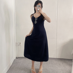 ロングワンピース ロングノースリーブフレアワンピース NAVY