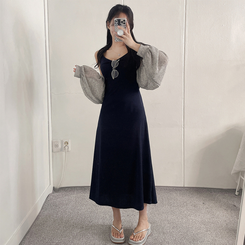 ロングワンピース ロングノースリーブフレアワンピース NAVY